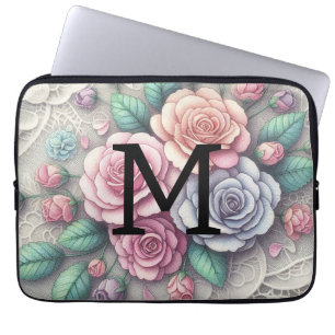 Housse Pour Ordinateur Portable Monogramme dentelle floral rose violet bleu roses