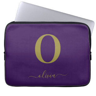 Housse Pour Ordinateur Portable Monogramme écriture nom personnalisé violet et or