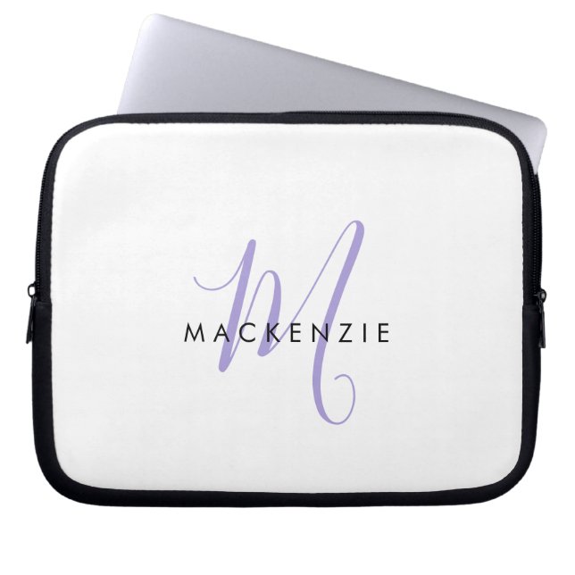 Housse Pour Ordinateur Portable Monogramme élégant moderne blanc lavande écriture (Devant)