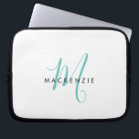 Housse Pour Ordinateur Portable Monogramme élégant moderne blanc sarcelle écriture<br><div class="desc">Housse pour ordinateur portable Monogramme élégant moderne blanc sarcelle écriture.  Un monogramme élégant de couleur sarcelle écriture associé à une police sans empattements noire épurée donne un look contemporain.</div>