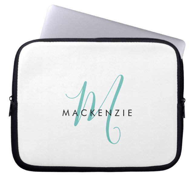 Housse Pour Ordinateur Portable Monogramme élégant moderne blanc sarcelle écriture (Devant)