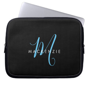 Housse Pour Ordinateur Portable Monogramme élégant moderne noir bleu ciel écriture