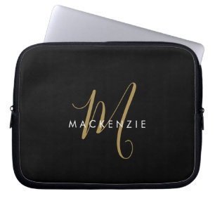 Housse Pour Ordinateur Portable Monogramme élégant moderne noir or écriture