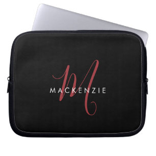 Housse Pour Ordinateur Portable Monogramme élégant moderne noir rouge script