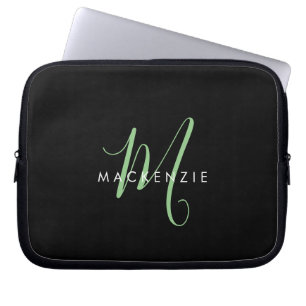 Housse Pour Ordinateur Portable Monogramme élégant moderne noir vert écriture