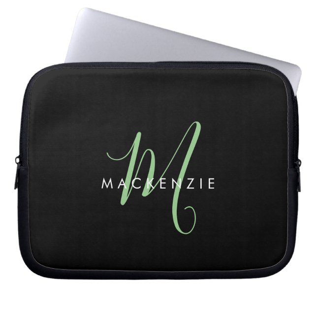 Housse Pour Ordinateur Portable Monogramme élégant moderne noir vert écriture (Devant)