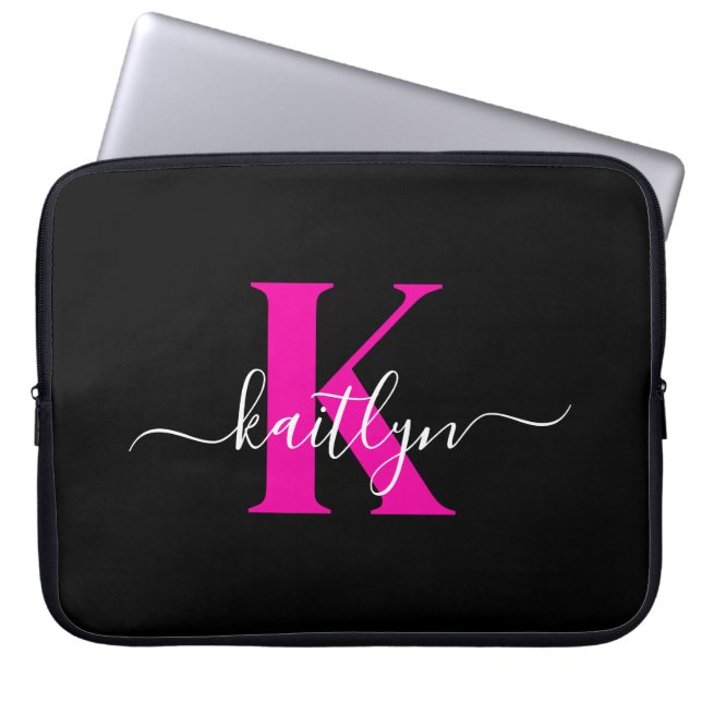 Housse Pour Ordinateur Portable Monogramme élégant noir rose vif écriture (Devant)