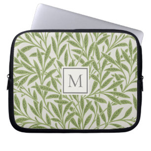 Housse Pour Ordinateur Portable Monogramme élégant vintage feuilles de saule vert