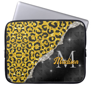 Housse Pour Ordinateur Portable Monogramme empreinte de léopard élégant en faux pa