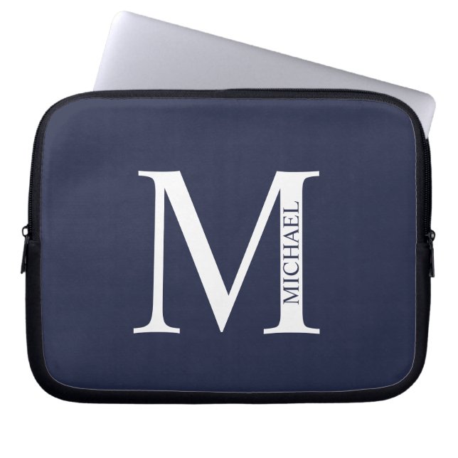 Housse Pour Ordinateur Portable Monogramme et nom personnalisés bleu marine (Devant)