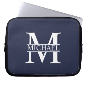 Housse Pour Ordinateur Portable Monogramme et nom personnalisés bleu marine