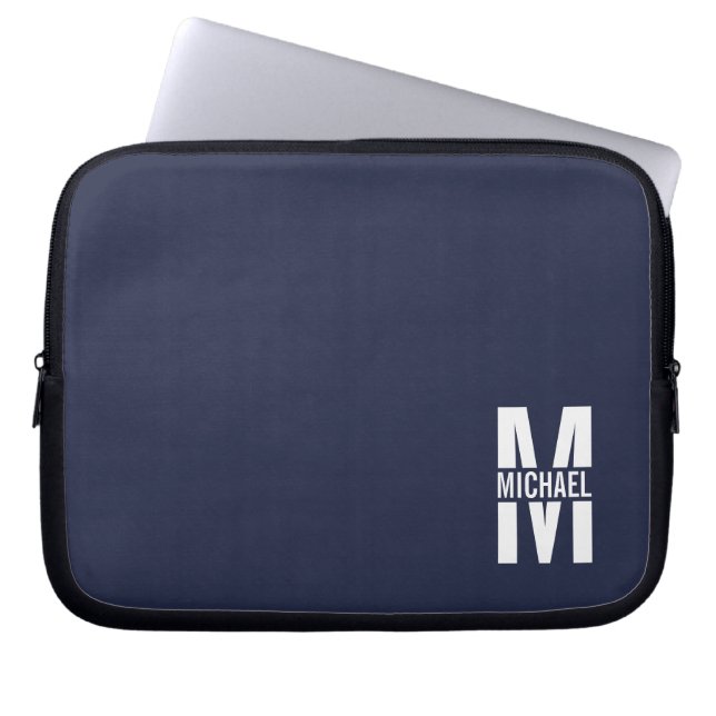 Housse Pour Ordinateur Portable Monogramme et nom personnalisés bleu marine (Devant)