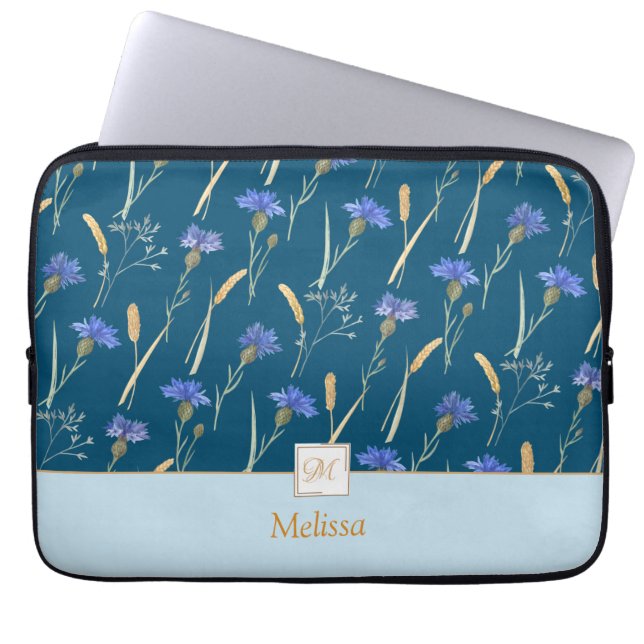 Housse Pour Ordinateur Portable Monogramme Fleur sauvage Floral Bleu (Devant)