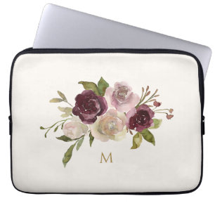 Housse Pour Ordinateur Portable Monogramme Floral Aquarelle Rose Bourguignon Moder