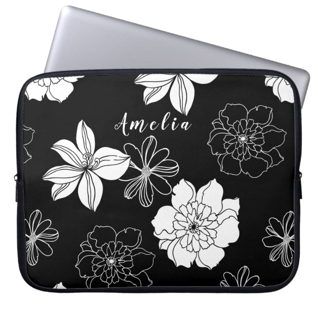 Housse Pour Ordinateur Portable Monogramme Floral noir et blanc (Devant)