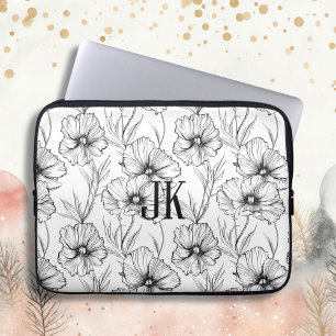 Housse Pour Ordinateur Portable Monogramme floral noir et blanc moderne