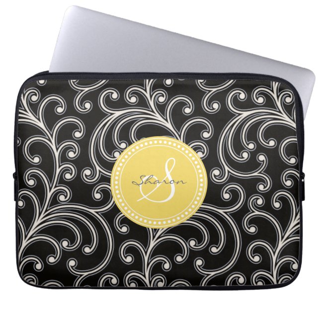 Housse Pour Ordinateur Portable Monogramme floral noir girly élégant de motif (Devant)