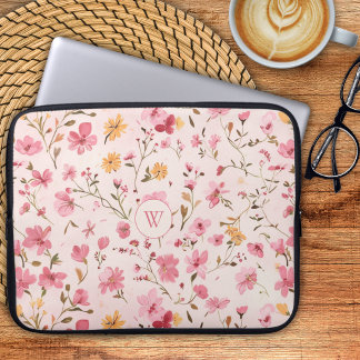 Housse Pour Ordinateur Portable Monogramme floral rose