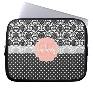 Housse Pour Ordinateur Portable Monogramme Girly élégant de rose noir et blanc de