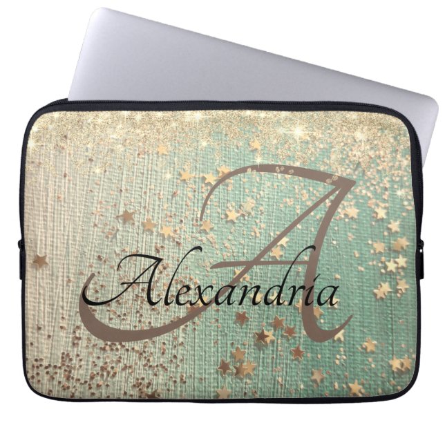 Housse Pour Ordinateur Portable Monogramme Gold Stars sur Sea Green (Devant)