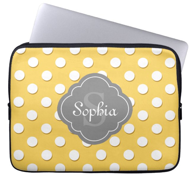 Housse Pour Ordinateur Portable Monogramme gris Motif Polka Jaune (Devant)