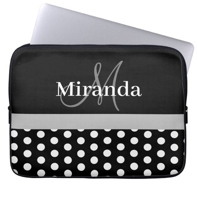 Housse Pour Ordinateur Portable Monogramme gris noir blanc Polka point (Devant)