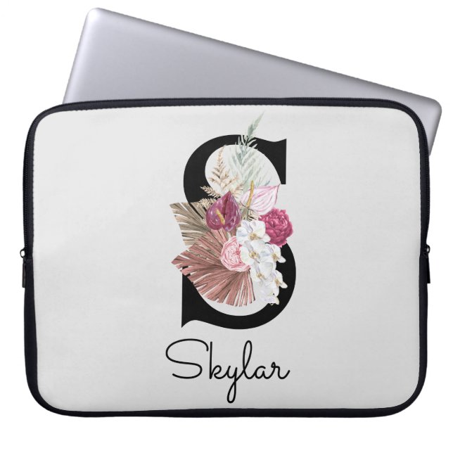 Housse Pour Ordinateur Portable Monogramme initial S rose Boho Floral (Devant)