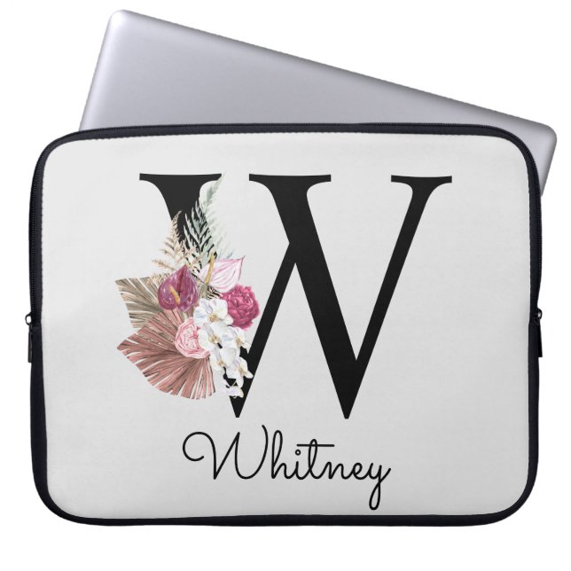 Housse Pour Ordinateur Portable Monogramme initial W rose Boho Girly Floral (Devant)