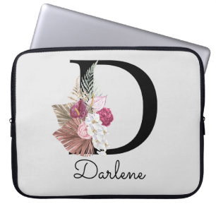 Housse Pour Ordinateur Portable Monogramme Initiale D Moderne Boho Rose Floral