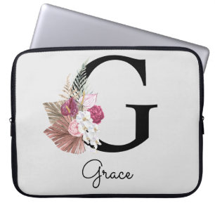 Housse Pour Ordinateur Portable Monogramme initiale G floral boho rose