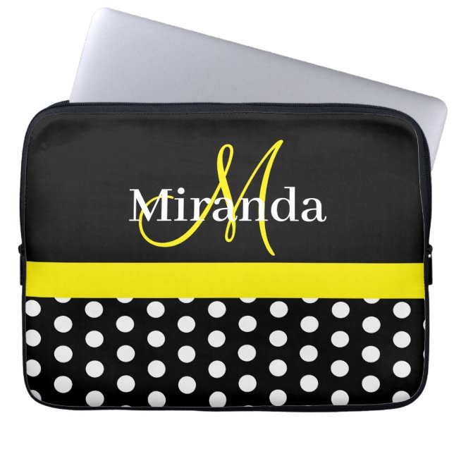 Housse Pour Ordinateur Portable Monogramme jaune noir blanc Polka point (Devant)