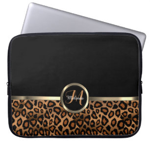 Housse Pour Ordinateur Portable Monogramme Léopard Brown et noir avec accents or