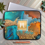 Housse Pour Ordinateur Portable Monogramme marbre aquarelle or turquoise orange<br><div class="desc">Un carré brillant et faux or avec une typographie de script monogramme initial recouvre un arrière - plan d'aquarelle bleu turquoise et jaune orange vif, veiné or, sur cette élégante pochette d'ordinateur portable en néoprène monogramed, tendance, à la mode. Fait une déclaration amusante et élégante chaque fois que vous l'utilisez....</div>