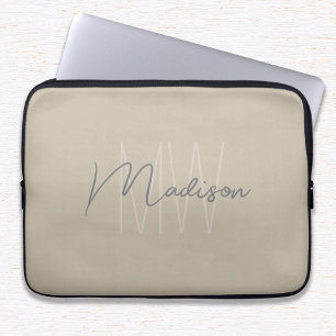 Housse Pour Ordinateur Portable Monogramme Minimaliste Moderne Beige Nom de Script