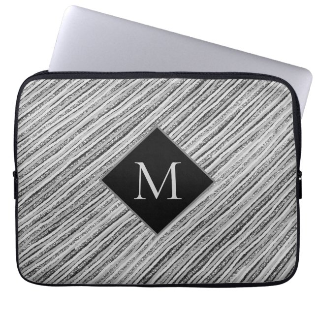 Housse Pour Ordinateur Portable Monogramme moderne Argent noir blanc rayures (Devant)