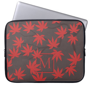 Housse Pour Ordinateur Portable Monogramme Moderne Feuille d'Érable Rouge Grise