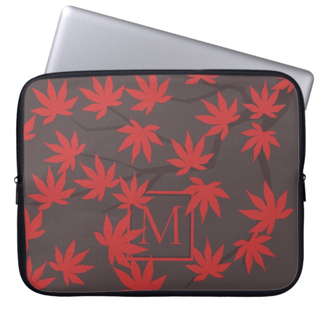 Housse Pour Ordinateur Portable Monogramme Moderne Feuille d'Érable Rouge Grise (Devant)