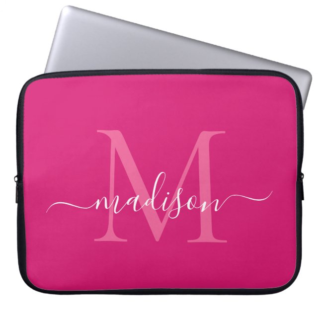 Housse Pour Ordinateur Portable Monogramme moderne Magenta Rose Girl Nom de script (Devant)