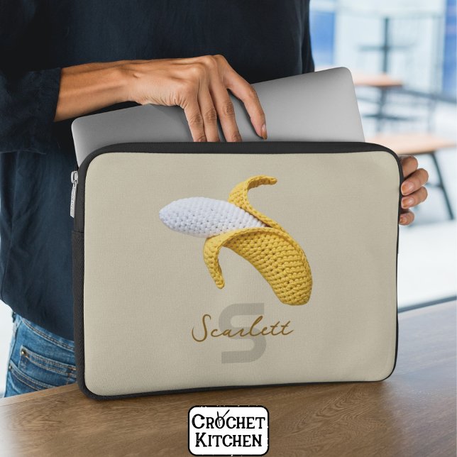 Housse Pour Ordinateur Portable Monogramme moderne minimal Nom Crochet Banana (Créateur téléchargé)