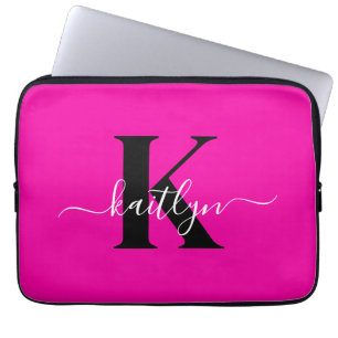 Housse Pour Ordinateur Portable Monogramme moderne rose noir écriture script