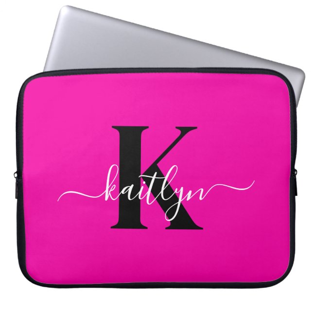 Housse Pour Ordinateur Portable Monogramme moderne rose noir écriture script (Devant)