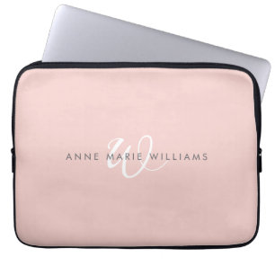 Housse Pour Ordinateur Portable Monogramme Moderne Rose Pâle Blanc