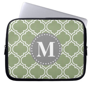 Housse Pour Ordinateur Portable Monogramme Motif en treillis marocain vert foncé