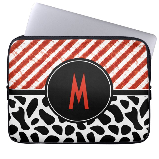Housse Pour Ordinateur Portable Monogramme Motif noir en bande blanche rouge (Devant)