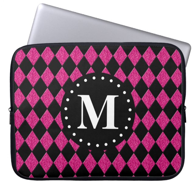 Housse Pour Ordinateur Portable Monogramme Motif noir rose chaud (Devant)