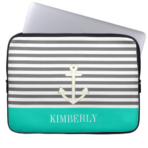 Housse Pour Ordinateur Portable Monogramme nautique de Teal d'Ancre de rayures