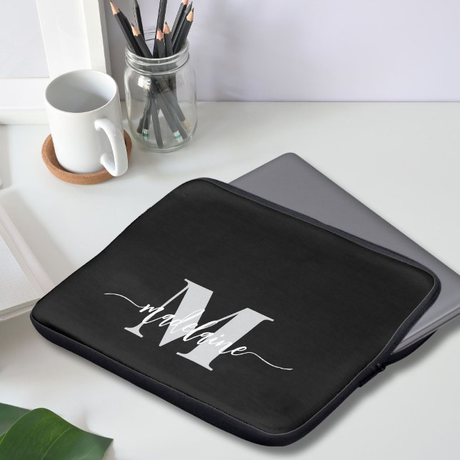 Housse Pour Ordinateur Portable Monogramme noir argent blanc personnel (Créateur téléchargé)