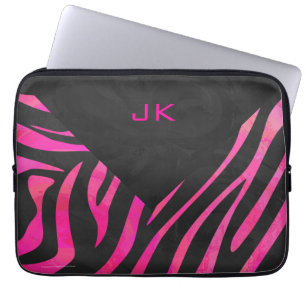 Housse Pour Ordinateur Portable Monogramme noir et motif zèbre rose vif