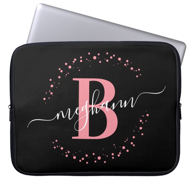 Housse Pour Ordinateur Portable Monogramme noir rose féminin moderne (Devant)