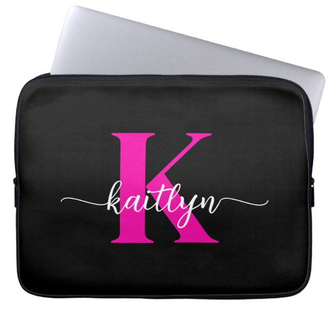 Housse Pour Ordinateur Portable Monogramme noir rose vif (Devant)